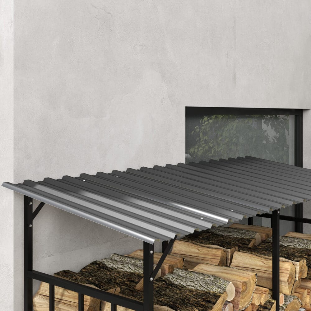 Kaminholzregal mit Abdeckung, 117 m³ Volumen, belastbar bis 100 kg, Farbe Schwarz.
