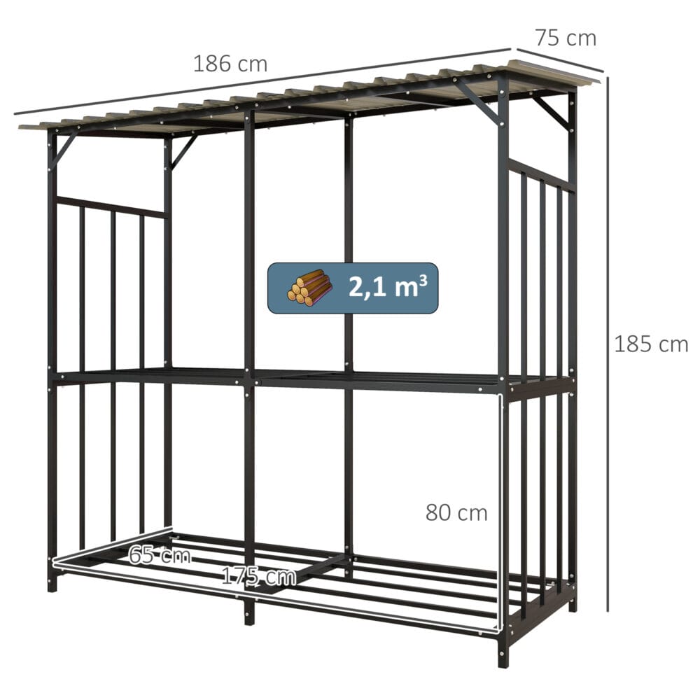 Kaminholzregal mit Abdeckung, 117 m³ Volumen, belastbar bis 100 kg, Farbe Schwarz.