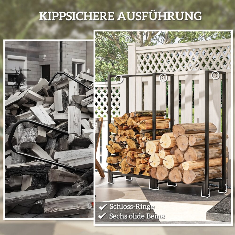 Kaminholzregal 123x32x115 cm, 2 Abschnitte, bis 200 kg Tragkraft, Schwarz.