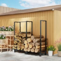 Kaminholzregal 123x32x115 cm, 2 Abschnitte, bis 200 kg Tragkraft, Schwarz.
