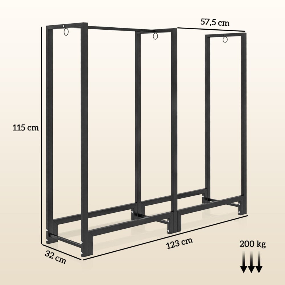 Kaminholzregal 123x32x115 cm, 2 Abschnitte, bis 200 kg Tragkraft, Schwarz.