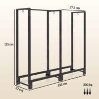Kaminholzregal 123x32x115 cm, 2 Abschnitte, bis 200 kg Tragkraft, Schwarz.