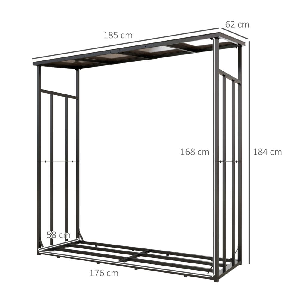 Kaminholzregal 185x62x184 cm, wasserdicht, bis 2000 kg Tragkraft, Schwarz.
