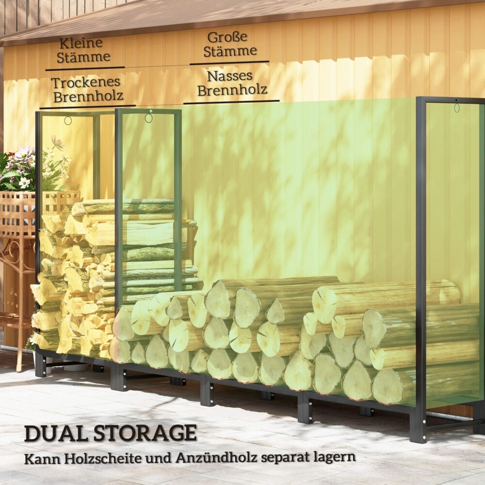 Kaminholzregal 240x32x115 cm, 2 Abschnitte, bis 300 kg belastbar, Schwarz.