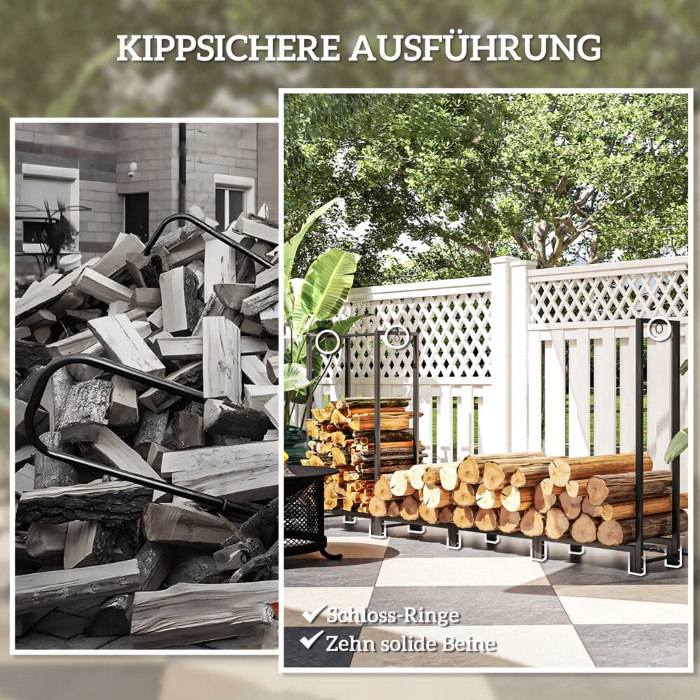 Kaminholzregal 240x32x115 cm, 2 Abschnitte, bis 300 kg belastbar, Schwarz.