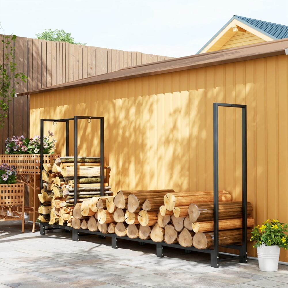 Kaminholzregal 240x32x115 cm, 2 Abschnitte, bis 300 kg belastbar, Schwarz.