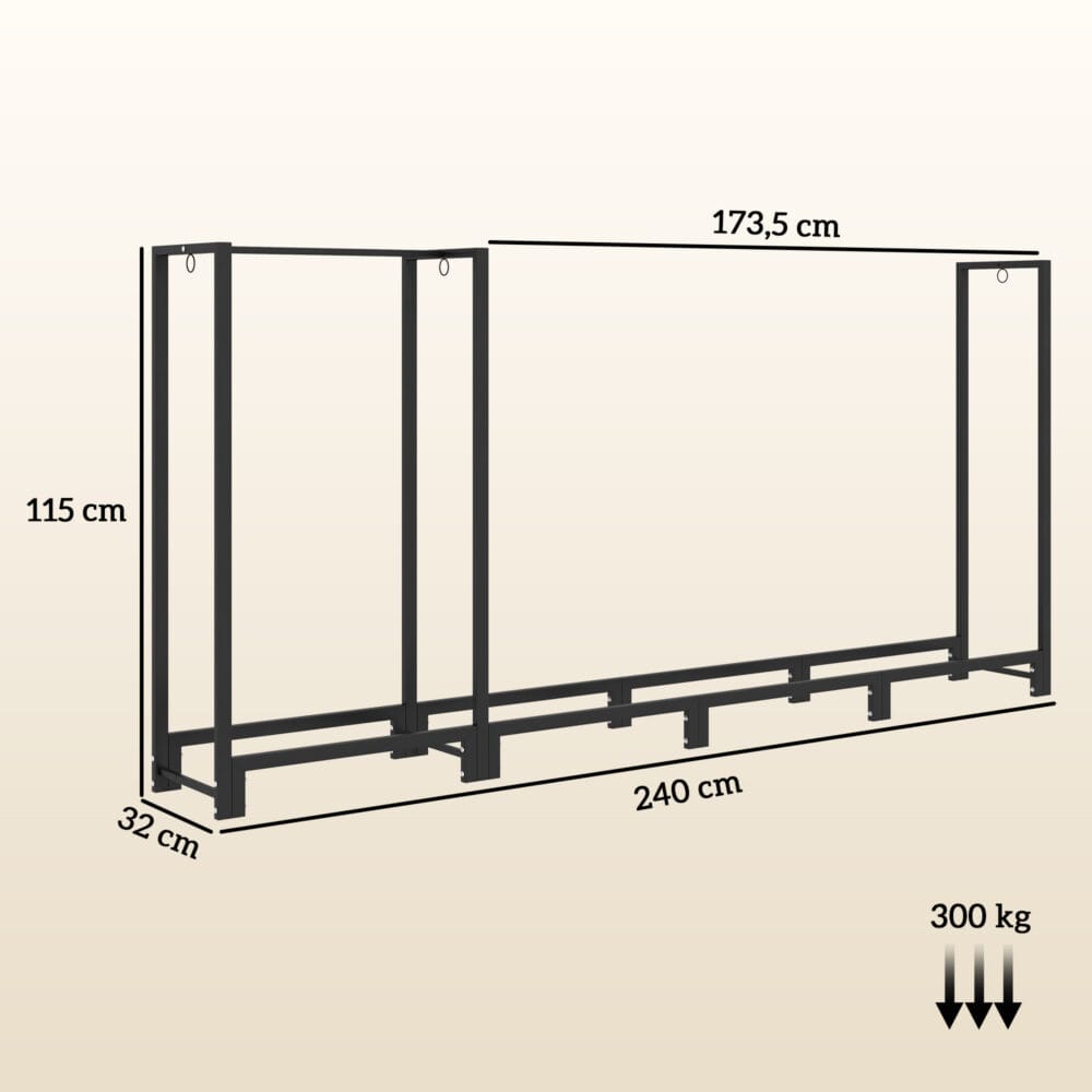 Kaminholzregal 240x32x115 cm, 2 Abschnitte, bis 300 kg belastbar, Schwarz.