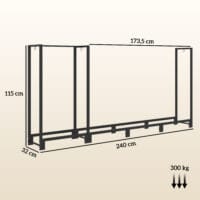 Kaminholzregal 240x32x115 cm, 2 Abschnitte, bis 300 kg belastbar, Schwarz.