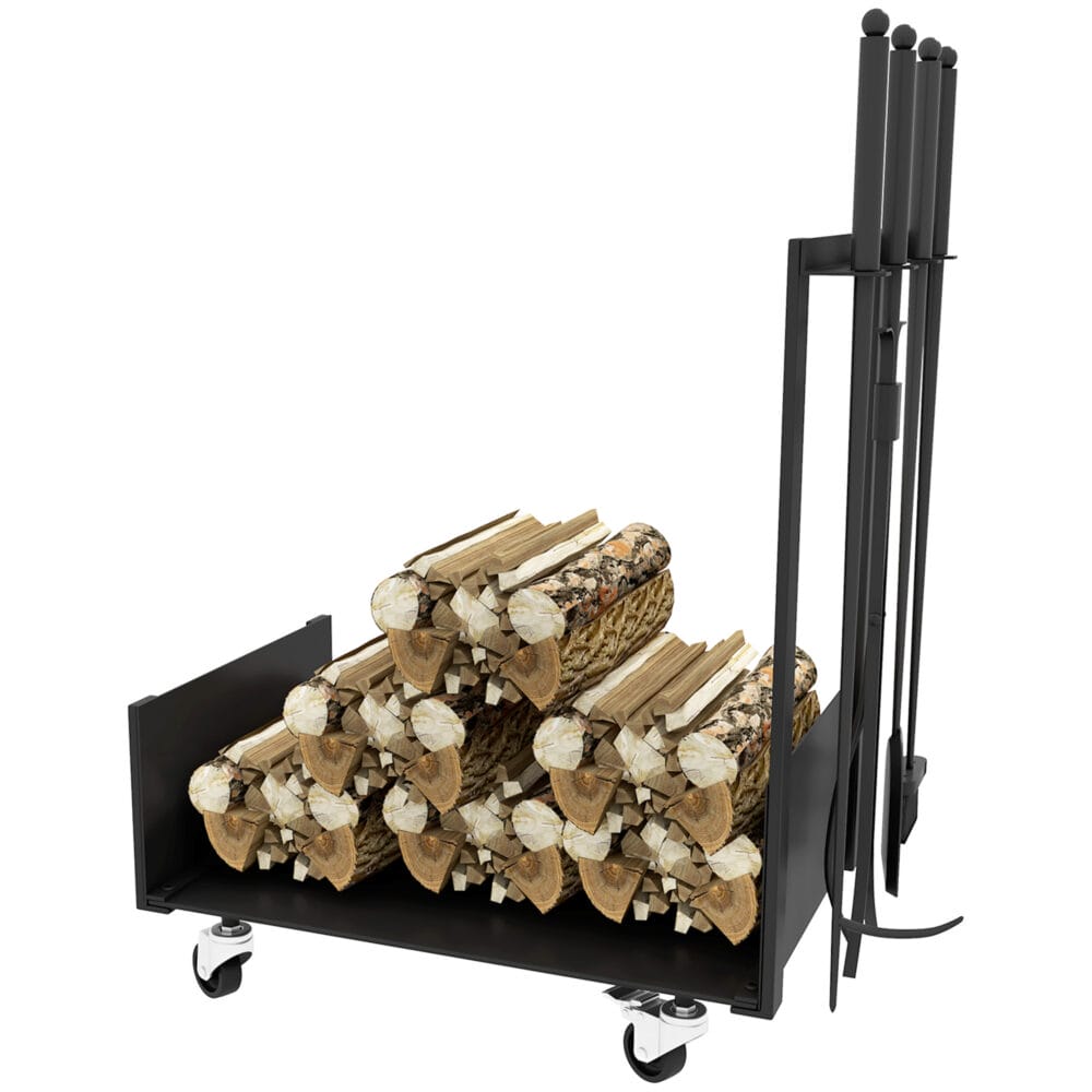 Kaminholzregal 48x30x76 cm mit Rollen und Zubehör, Farbe Schwarz.