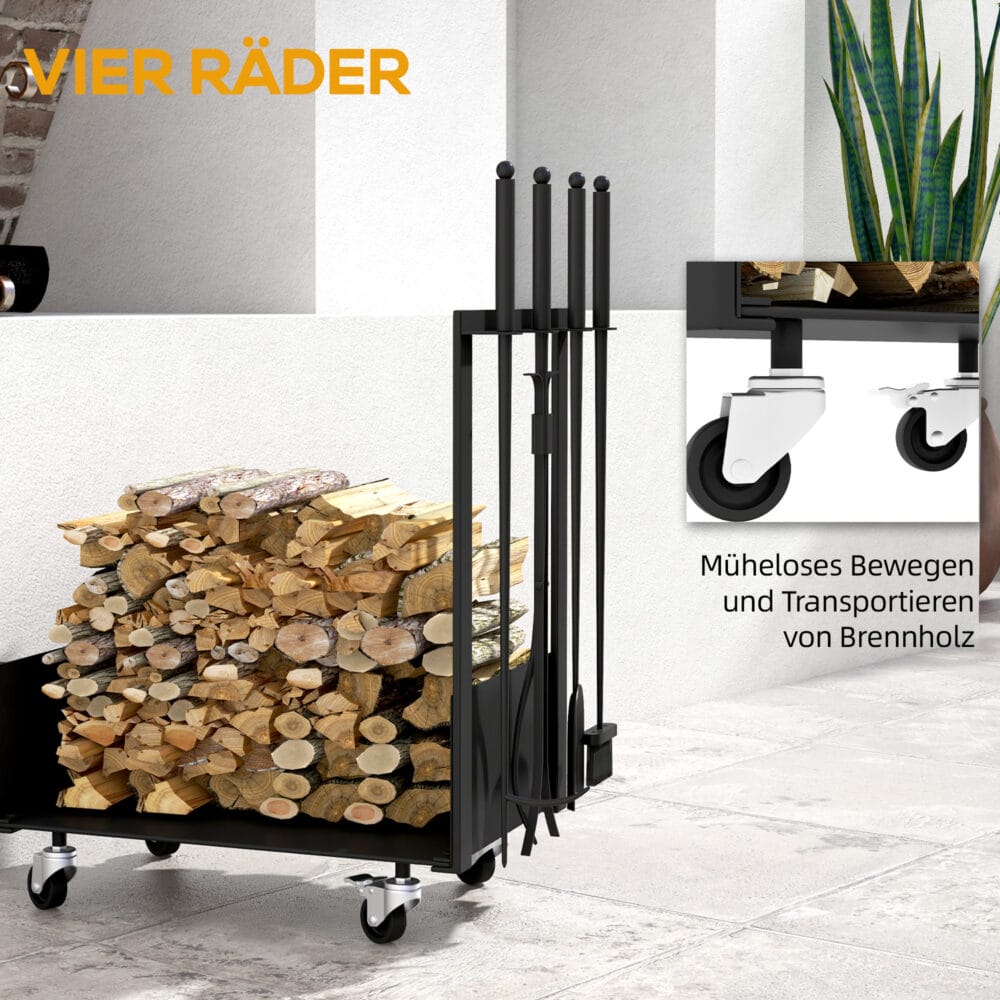 Kaminholzregal 48x30x76 cm mit Rollen und Zubehör, Farbe Schwarz.