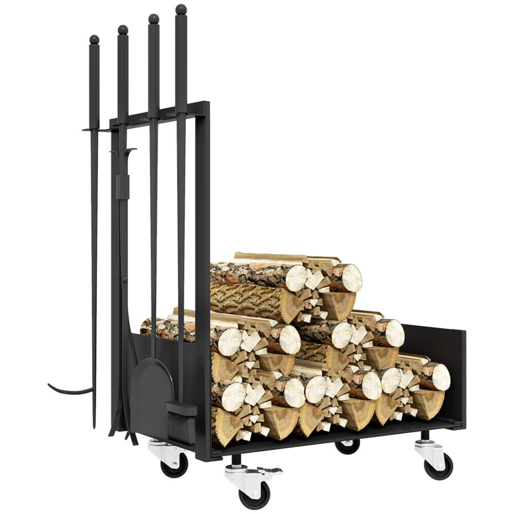 Kaminholzregal 48x30x76 cm mit Rollen und Zubehör, Farbe Schwarz.