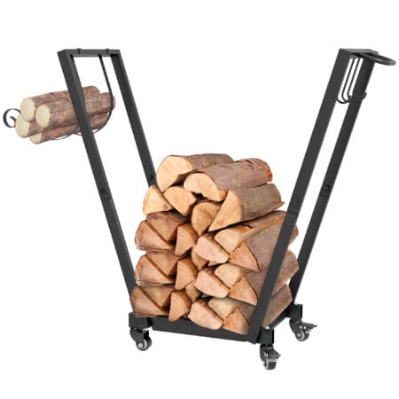 Kaminholzregal 79x30x81 cm, mit Rollen und Zubehör, schwarz pulverbeschichtet.
