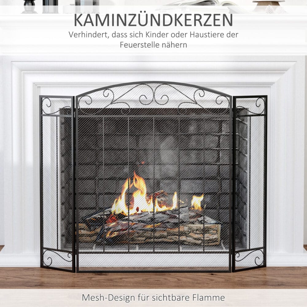 Kaminschutzgitter 105x805 cm, klappbar aus stabilem Stahl in Schwarz.