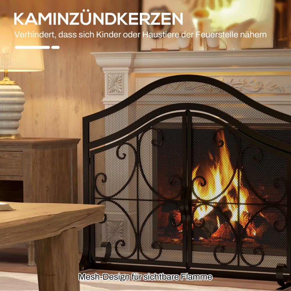 Kaminschutzgitter 105x805 cm mit magnetischen Türen, stabil und schwarz.