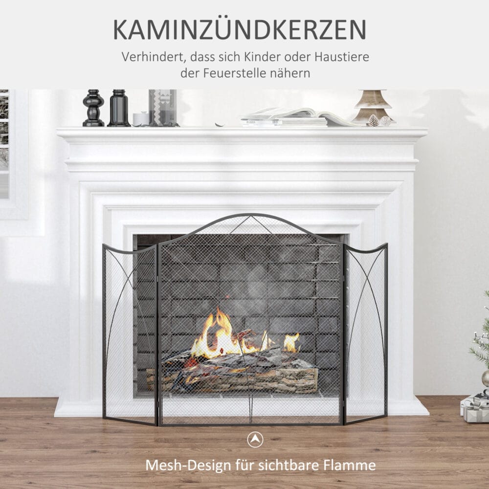Kaminschutzgitter 126x76 cm, klappbar mit 3 Paneelen in Schwarz.