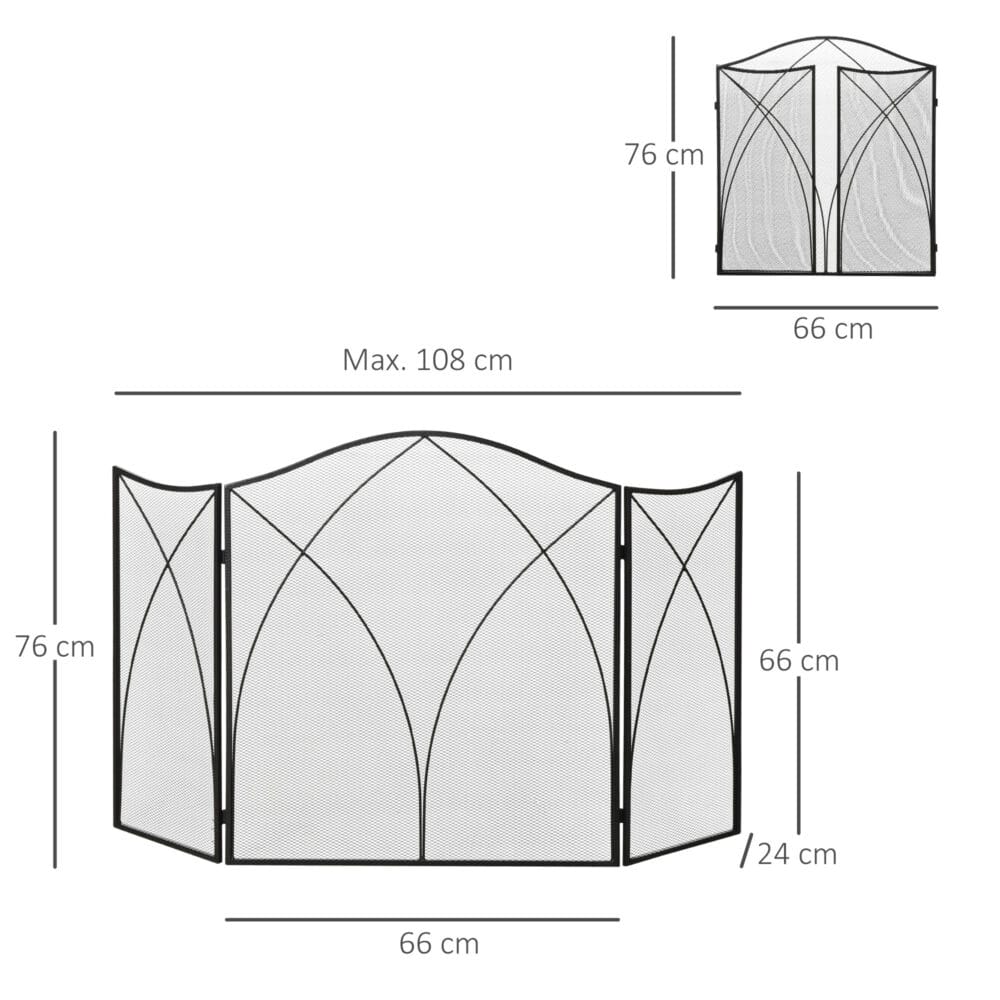 Kaminschutzgitter 126x76 cm, klappbar mit 3 Paneelen in Schwarz.