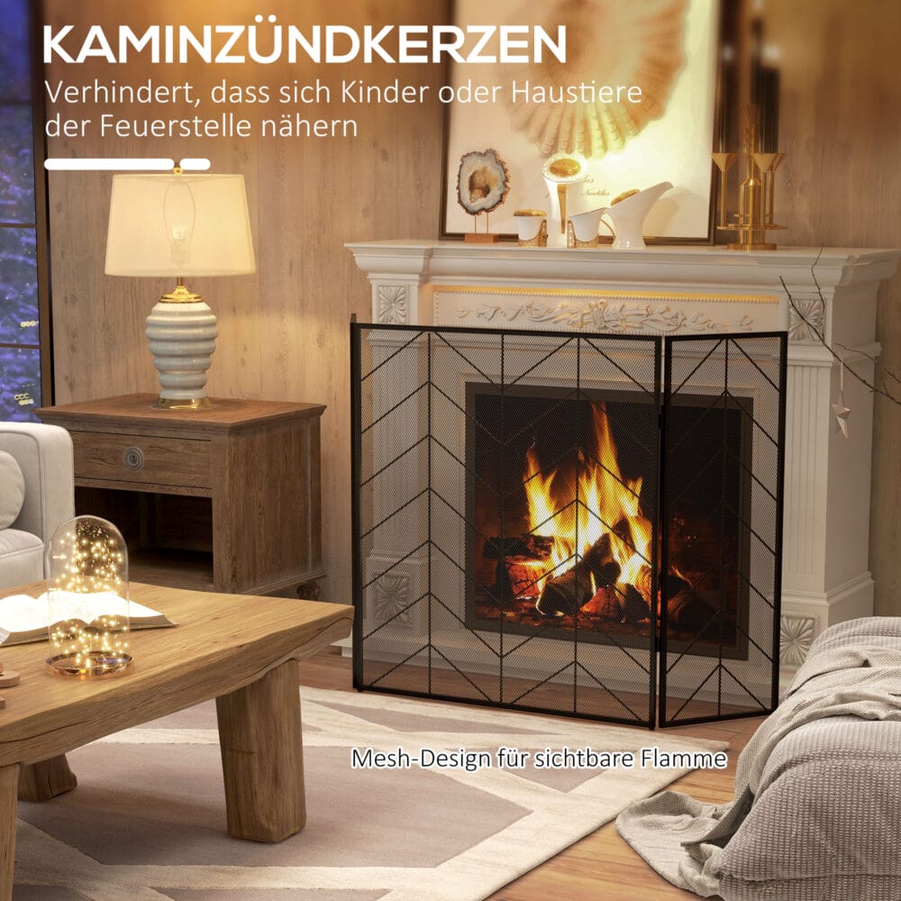 Kaminschutzgitter 135x85 cm, klappbar mit 3 Paneelen in Schwarz.