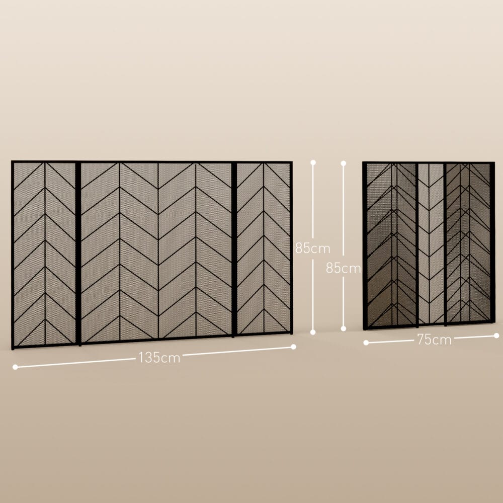 Kaminschutzgitter 135x85 cm, klappbar mit 3 Paneelen in Schwarz.