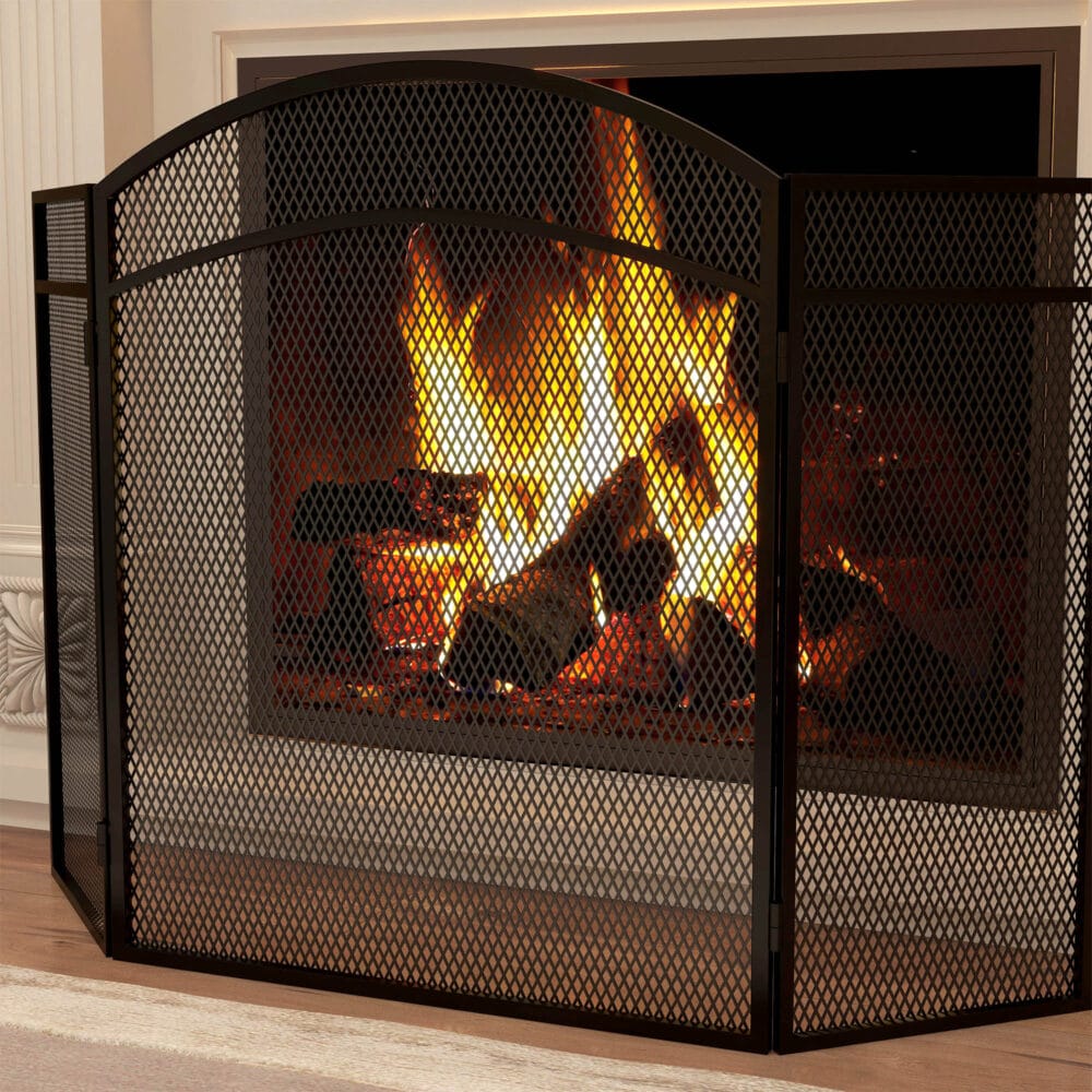 Kaminschutzgitter 96x60 cm, klappbar mit 3 Paneelen in Schwarz.