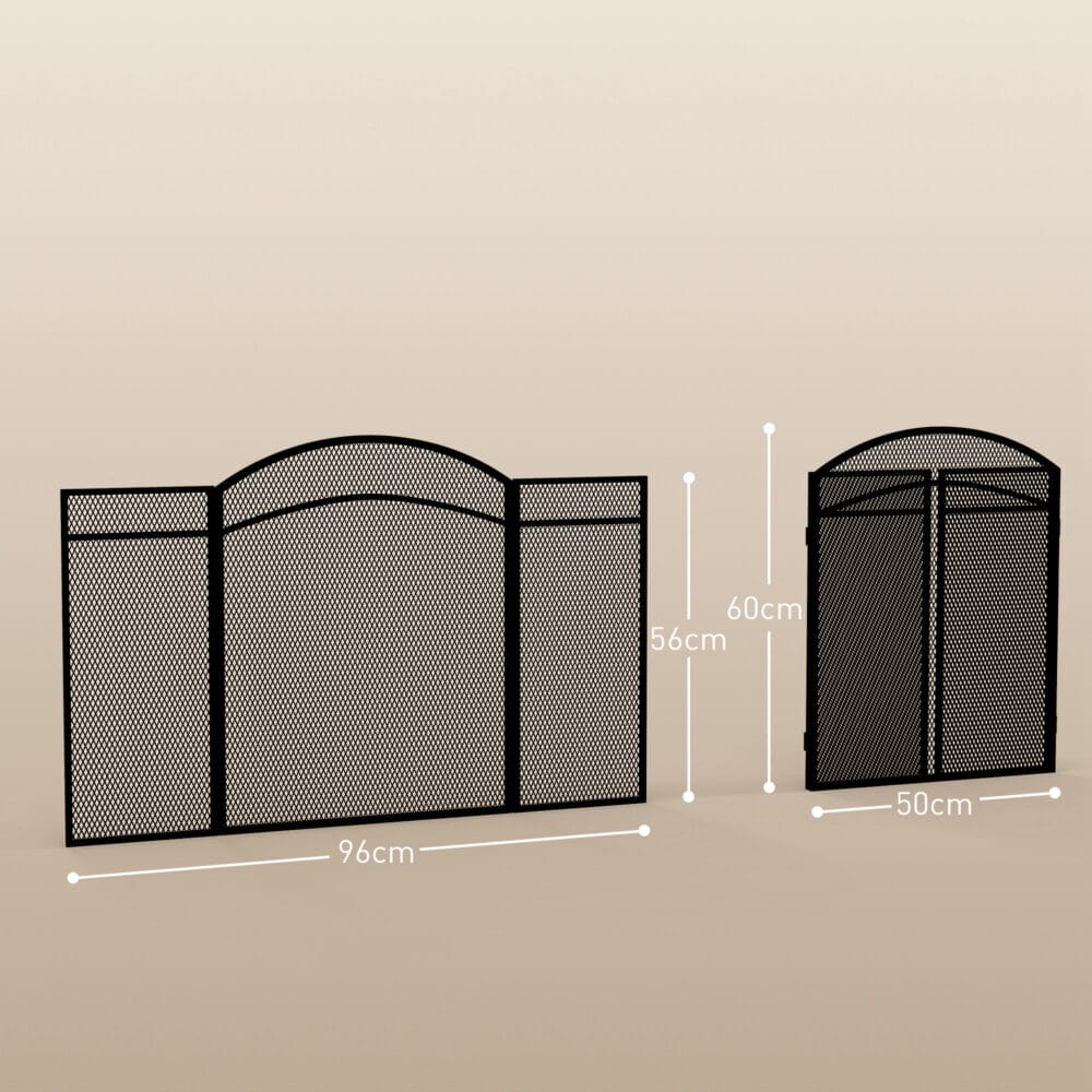 Kaminschutzgitter 96x60 cm, klappbar mit 3 Paneelen in Schwarz.