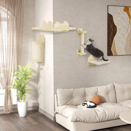 Beige 4-teilige Katzenkletterwand mit Kratzbrett bis 5kg.
