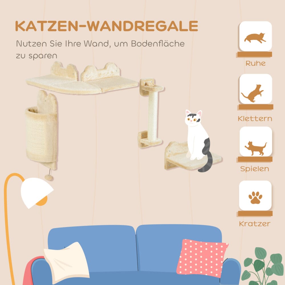 Beige 4-teilige Katzenkletterwand mit Kratzbrett bis 5kg.