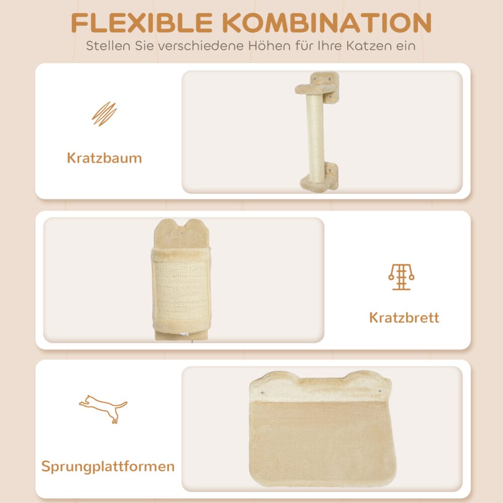 Beige 4-teilige Katzenkletterwand mit Kratzbrett bis 5kg.