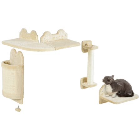 Beige 4-teilige Katzenkletterwand mit Kratzbrett bis 5kg.
