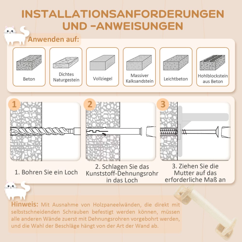 Beige 4-teilige Katzenkletterwand mit Kratzbrett bis 5kg.