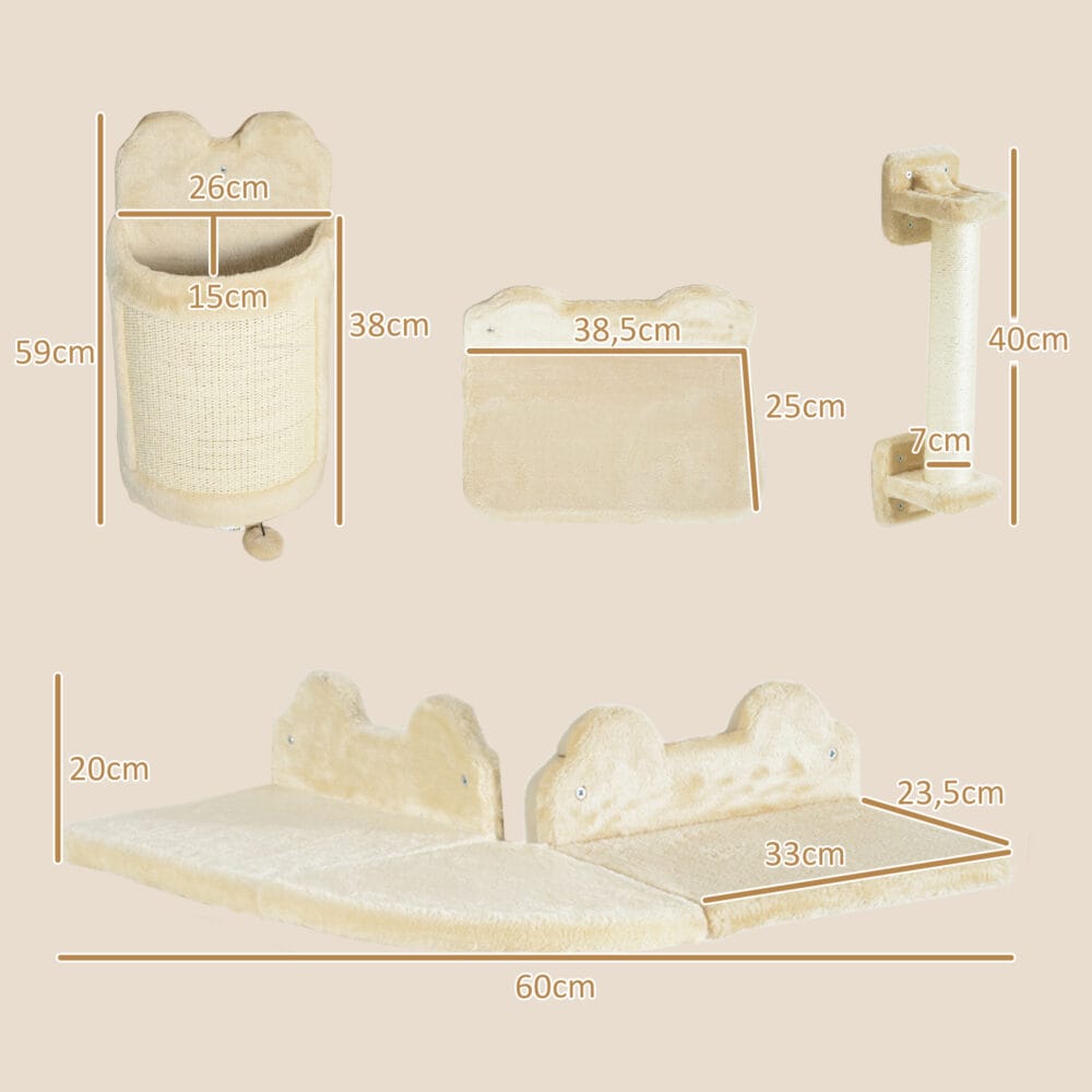 Beige 4-teilige Katzenkletterwand mit Kratzbrett bis 5kg.