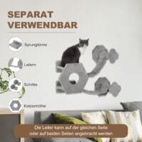 Hellgraue Katzen Kletterwand inklusive Katzenhaus.