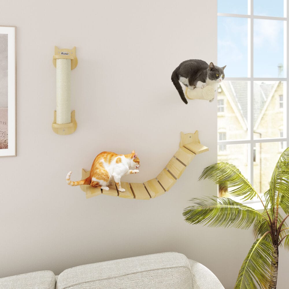 Naturholz 3-teiliges Katzen Kletterwand Set mit Kratzbaum, modular und erweiterbar für individuelle Kletterlandschaften.