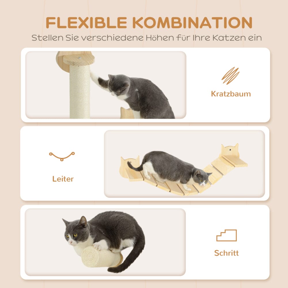 Naturholz 3-teiliges Katzen Kletterwand Set mit Kratzbaum, modular und erweiterbar für individuelle Kletterlandschaften.