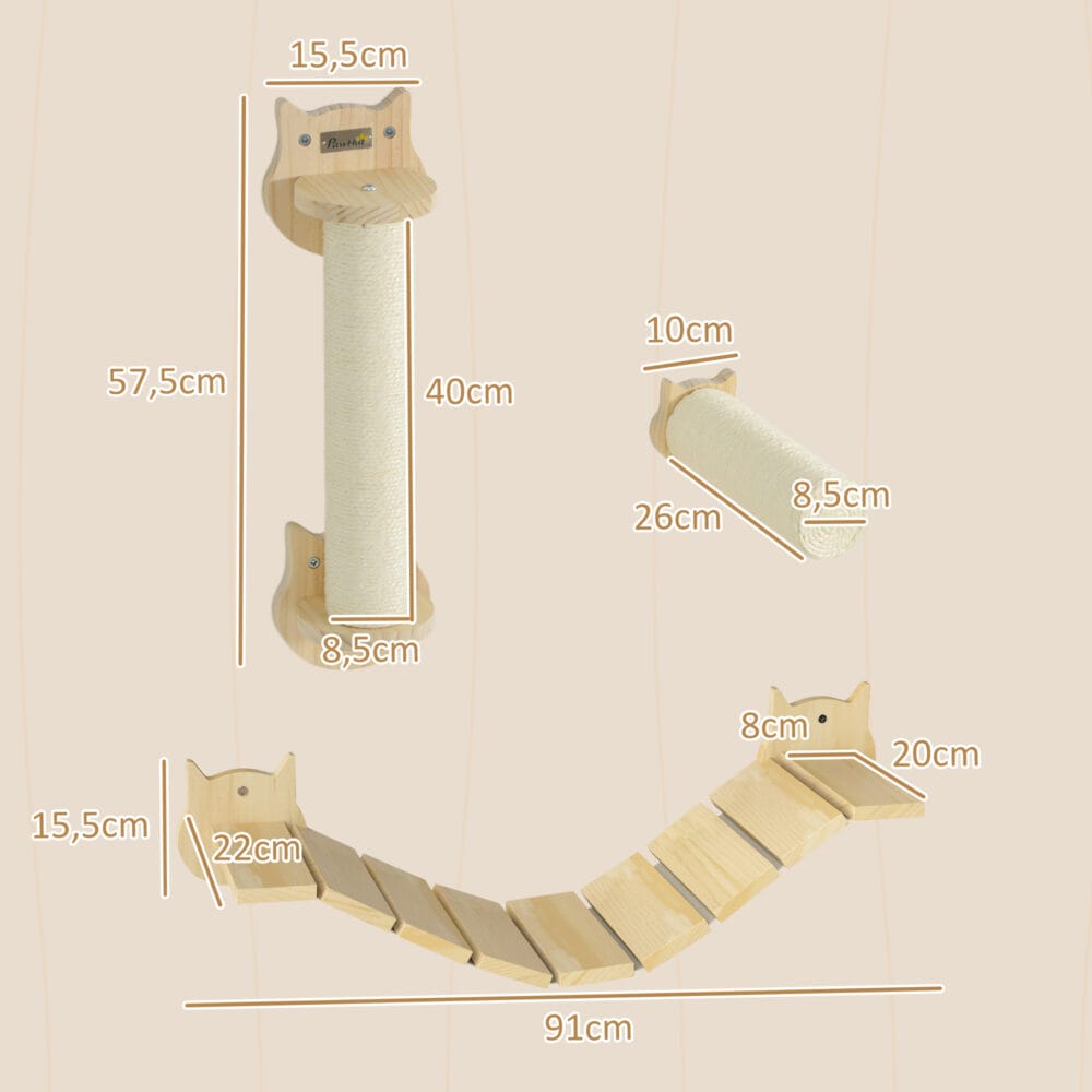 Naturholz 3-teiliges Katzen Kletterwand Set mit Kratzbaum, modular und erweiterbar für individuelle Kletterlandschaften.