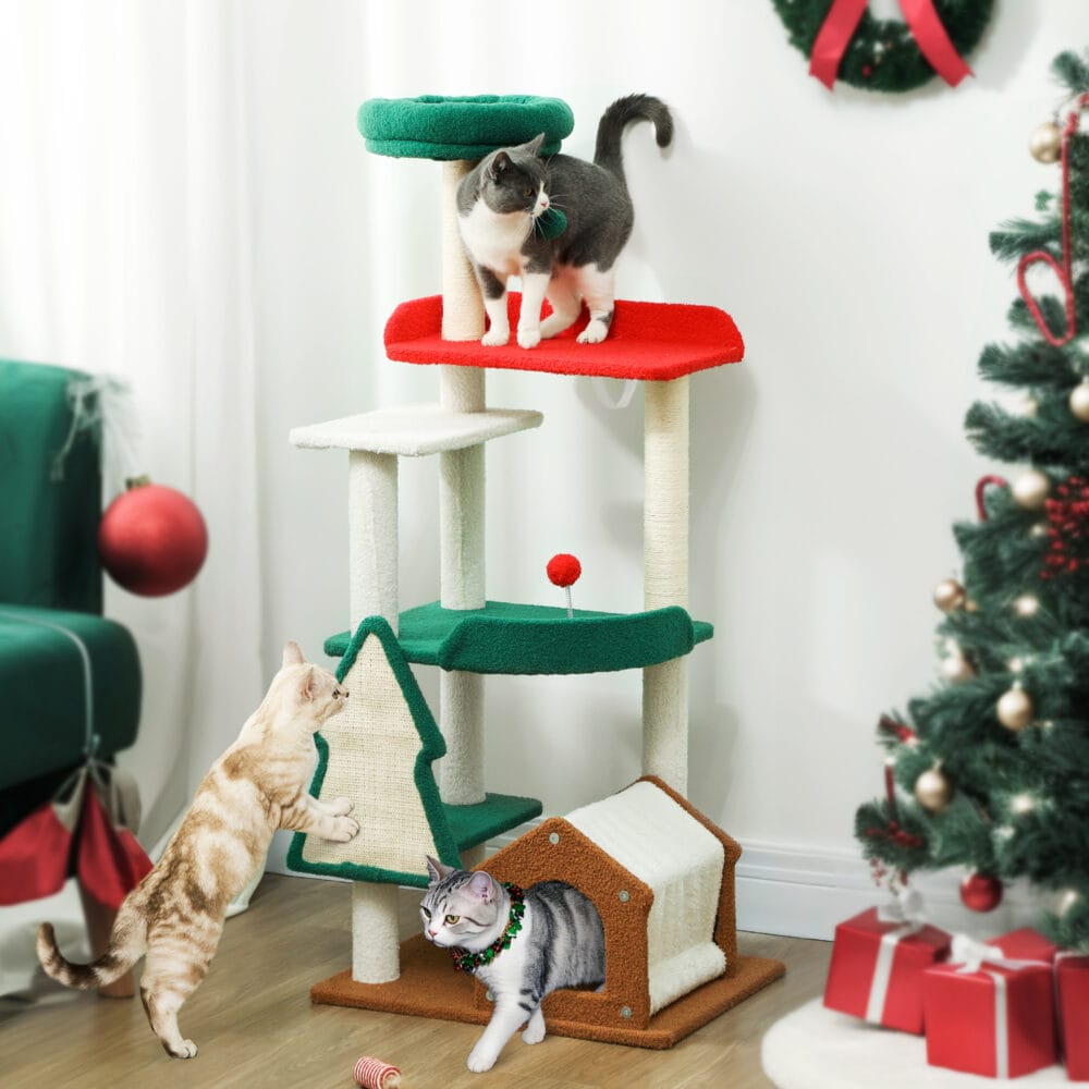 Mehrfarbiger 6-Ebenen Katzenbaum mit Höhle, Spielball und Sisal-Säulen, 135cm hoch, für Katzen bis 5kg, ein Paradies für Kletterer.