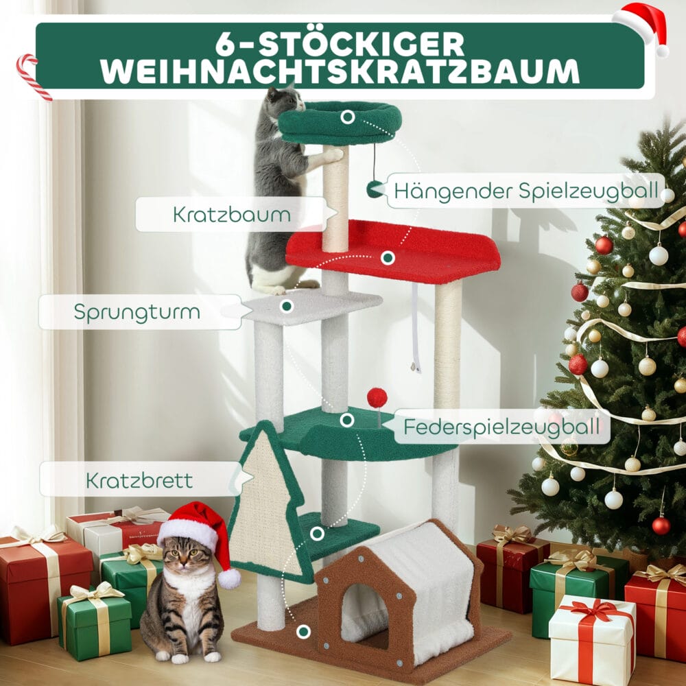Mehrfarbiger 6-Ebenen Katzenbaum mit Höhle, Spielball und Sisal-Säulen, 135cm hoch, für Katzen bis 5kg, ein Paradies für Kletterer.