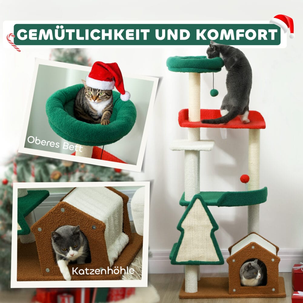 Mehrfarbiger 6-Ebenen Katzenbaum mit Höhle, Spielball und Sisal-Säulen, 135cm hoch, für Katzen bis 5kg, ein Paradies für Kletterer.