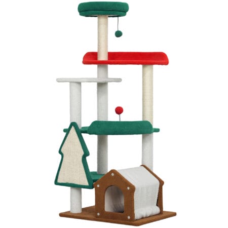 Mehrfarbiger 6-Ebenen Katzenbaum mit Höhle, Spielball und Sisal-Säulen, 135cm hoch, für Katzen bis 5kg, ein Paradies für Kletterer.