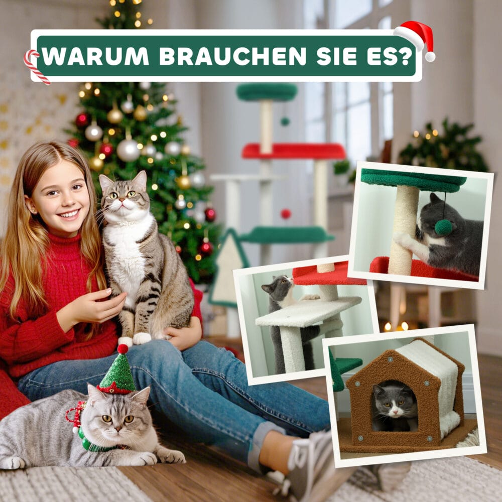 Mehrfarbiger 6-Ebenen Katzenbaum mit Höhle, Spielball und Sisal-Säulen, 135cm hoch, für Katzen bis 5kg, ein Paradies für Kletterer.