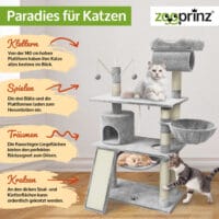 Komfortabler Katzenbaum Emelly in Hellgrau mit mehreren Ebenen.