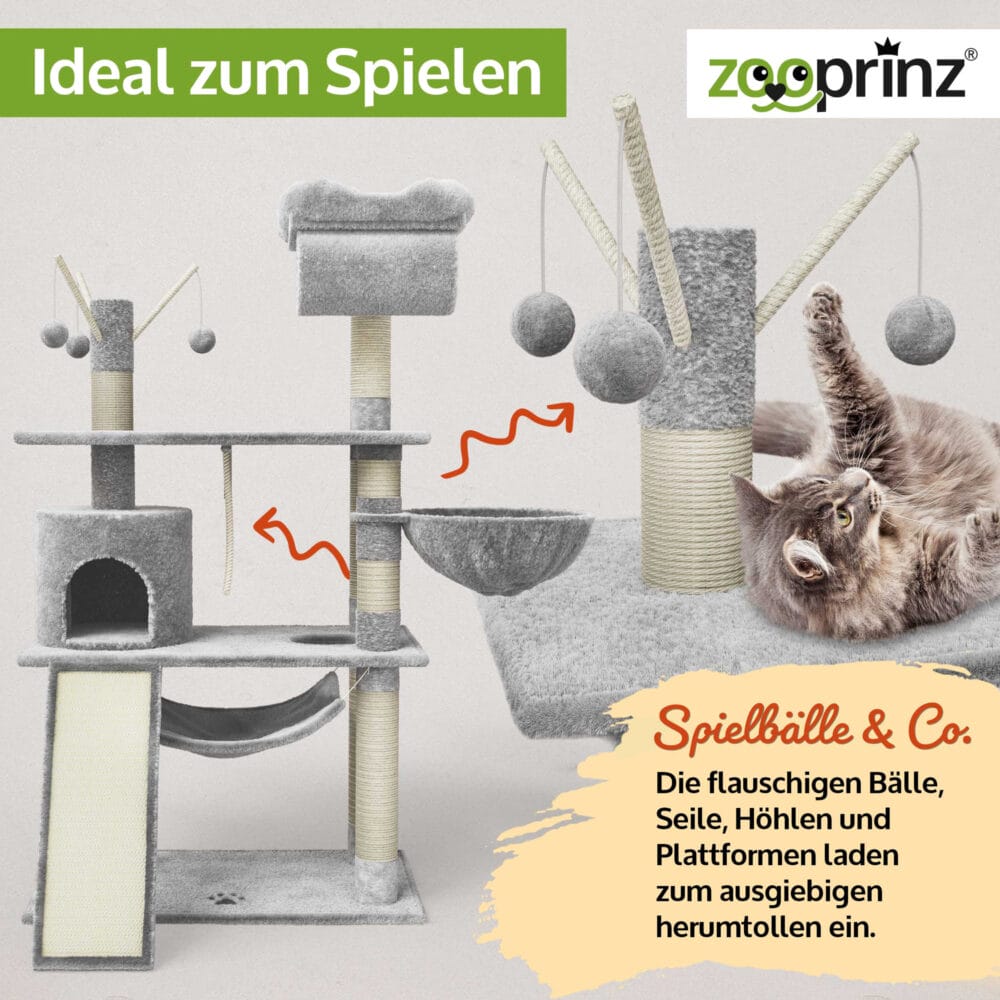 Komfortabler Katzenbaum Emelly in Hellgrau mit mehreren Ebenen.
