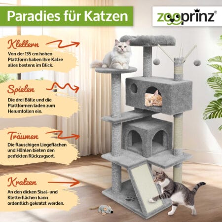 Stilvoller Katzenbaum Kätty in Hellgrau mit Kratzmöglichkeiten.