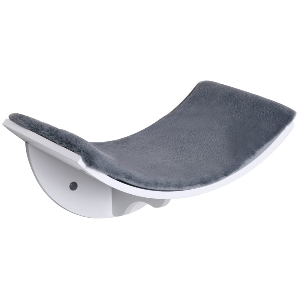 Weiss-graues Katzenbett zur Wandmontage mit flauschiger Plüschauflage, ein stilvoller und komfortabler Ruheplatz.