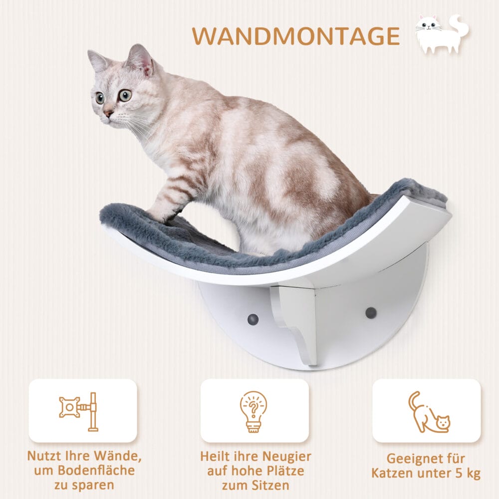 Weiss-graues Katzenbett zur Wandmontage mit flauschiger Plüschauflage, ein stilvoller und komfortabler Ruheplatz.