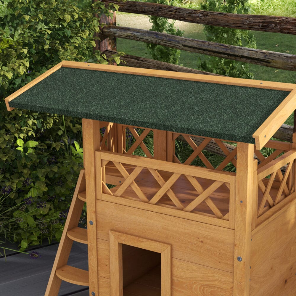 Naturfarbenes 2-stöckiges Katzenhaus aus Holz, mit Balkon und Treppe, bietet Katzen einen gemütlichen Rückzugsort und Klettermöglichkeiten.