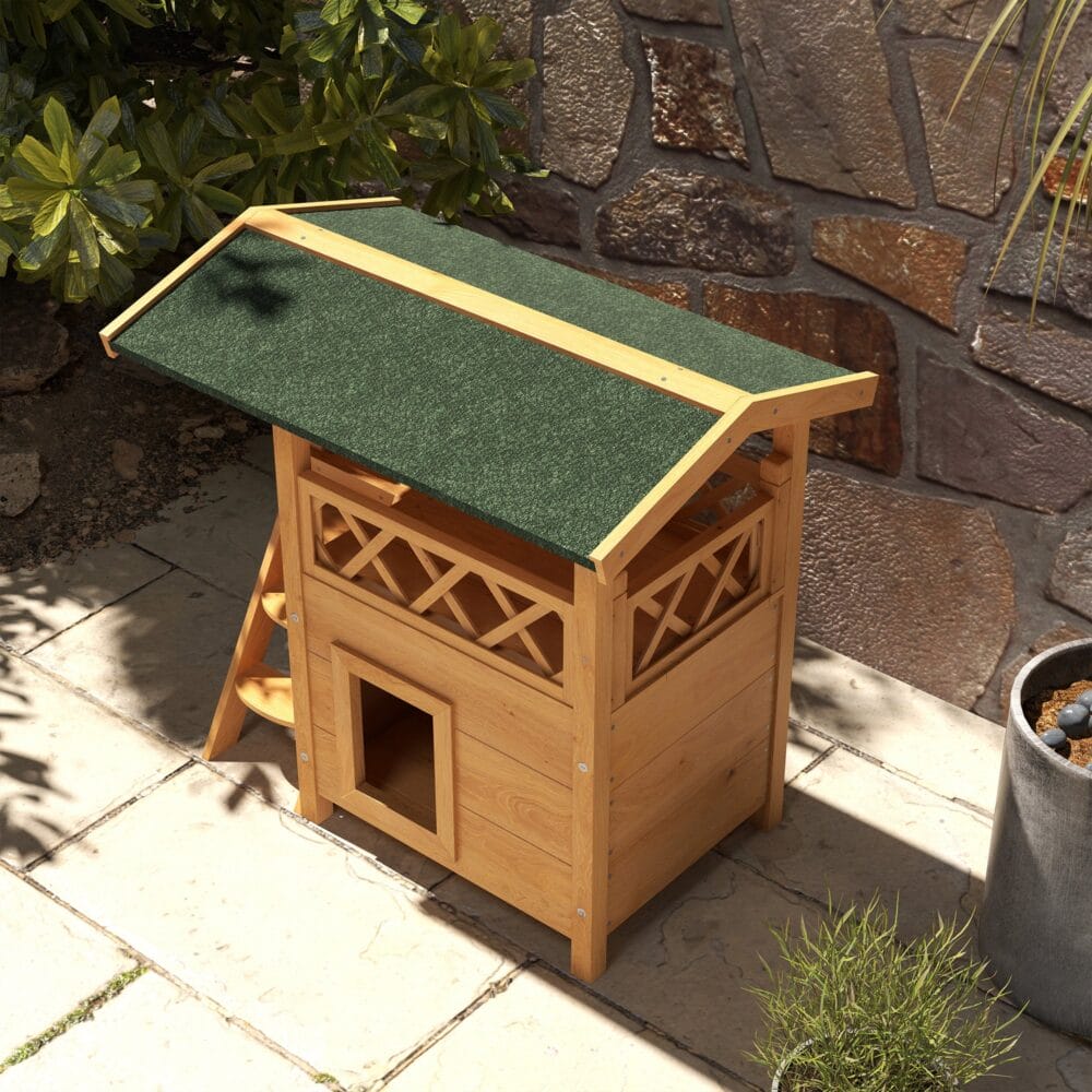 Naturfarbenes 2-stöckiges Katzenhaus aus Holz, mit Balkon und Treppe, bietet Katzen einen gemütlichen Rückzugsort und Klettermöglichkeiten.