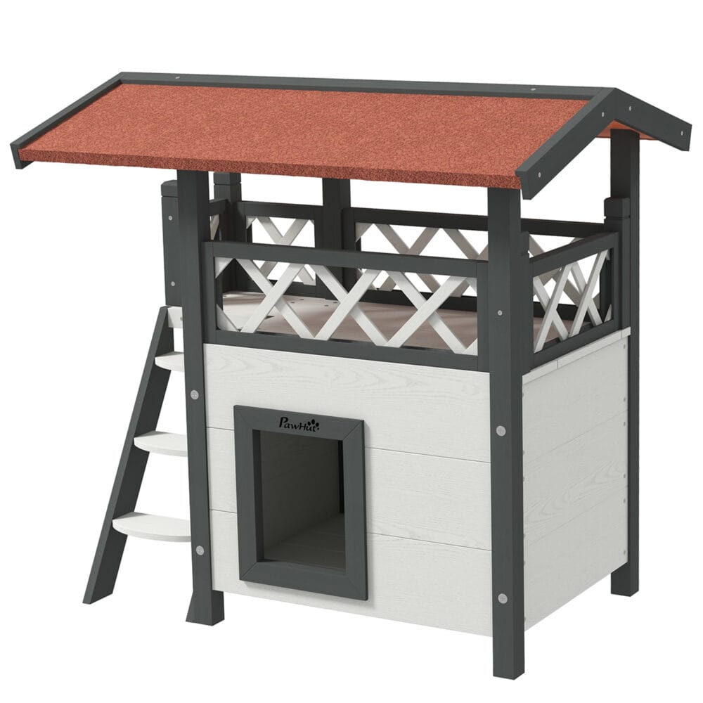 Weisses 2-stöckiges Katzenhaus aus Holz, mit Balkon und Treppe, eine charmante und funktionale Behausung für Katzen.