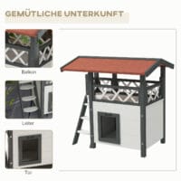 Weisses 2-stöckiges Katzenhaus aus Holz, mit Balkon und Treppe, eine charmante und funktionale Behausung für Katzen.