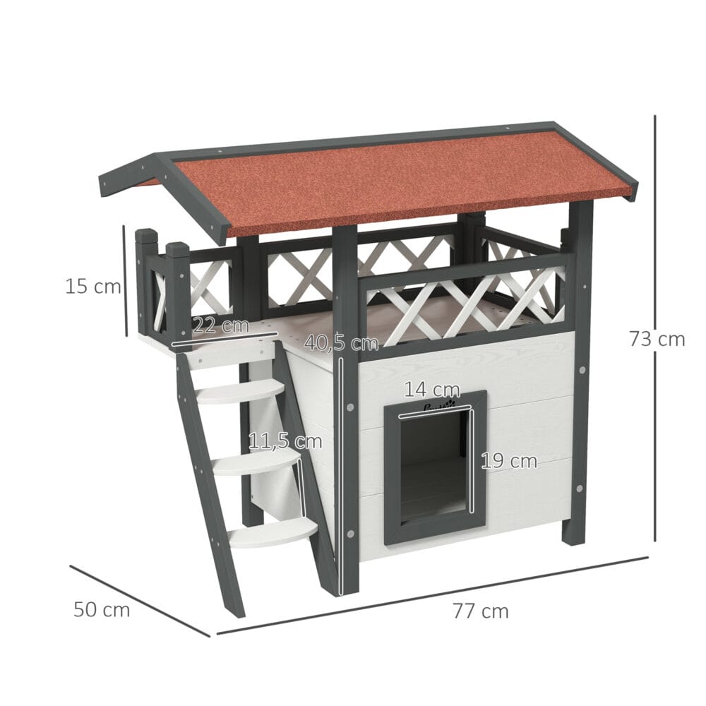 Weisses 2-stöckiges Katzenhaus aus Holz, mit Balkon und Treppe, eine charmante und funktionale Behausung für Katzen.