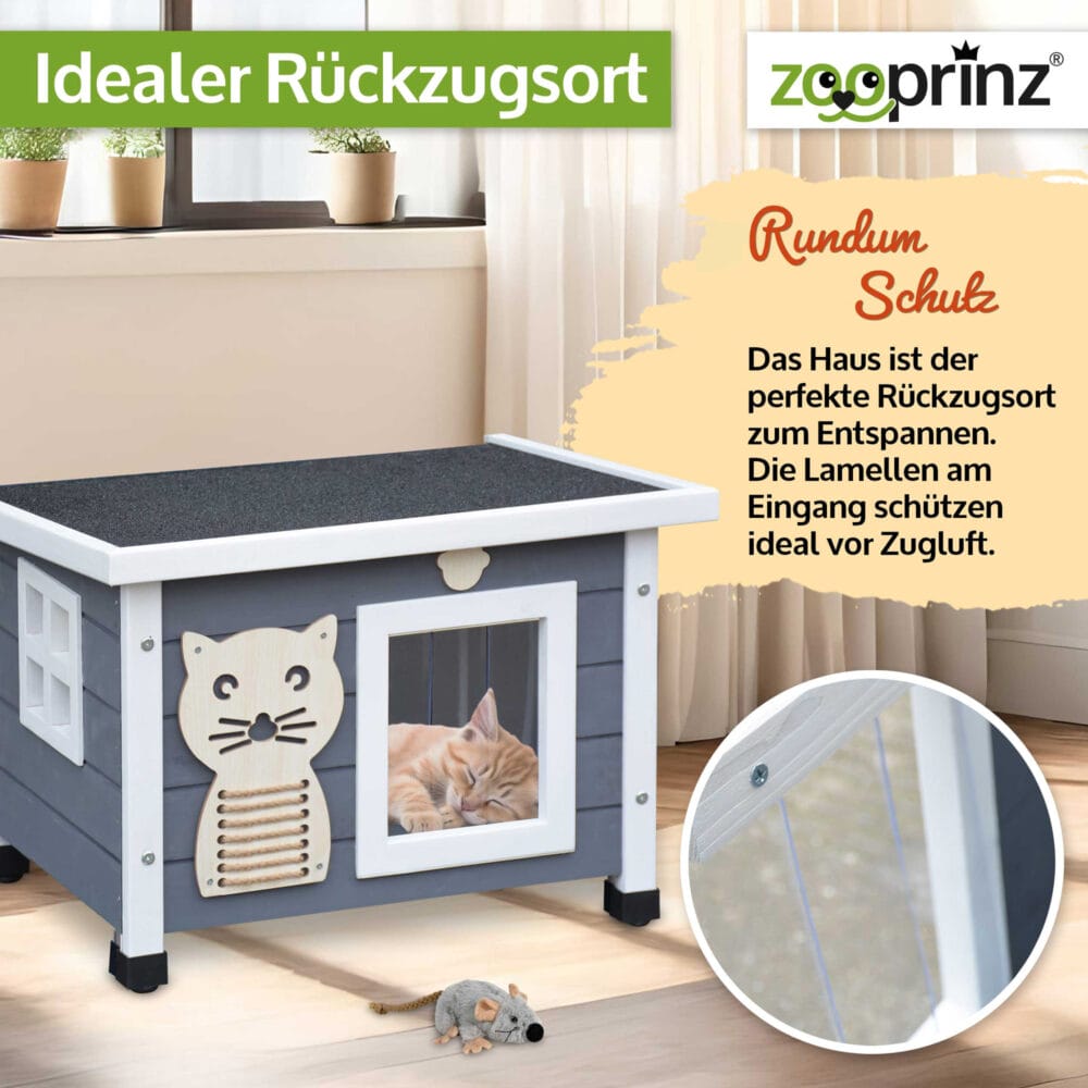 Elegantes Katzenhaus Fontana in Grau-Weiß für den Außenbereich.